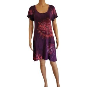Aloha Fashion Hawaiian Dress Tie Dye Scoop Neck Purples Short Sleeves Medium